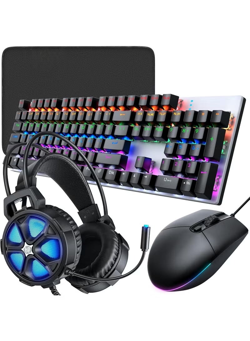 مجموعة الألعاب الاحترافية المتكاملة 4 في 1 - كيبورد وماوس سلكي بإضاءة RGB - سماعة ألعاب ستيريو وماوس باد - باقة ألعاب شاملة للكمبيوتر وPS4 وPS5 وXbox - Image 1
