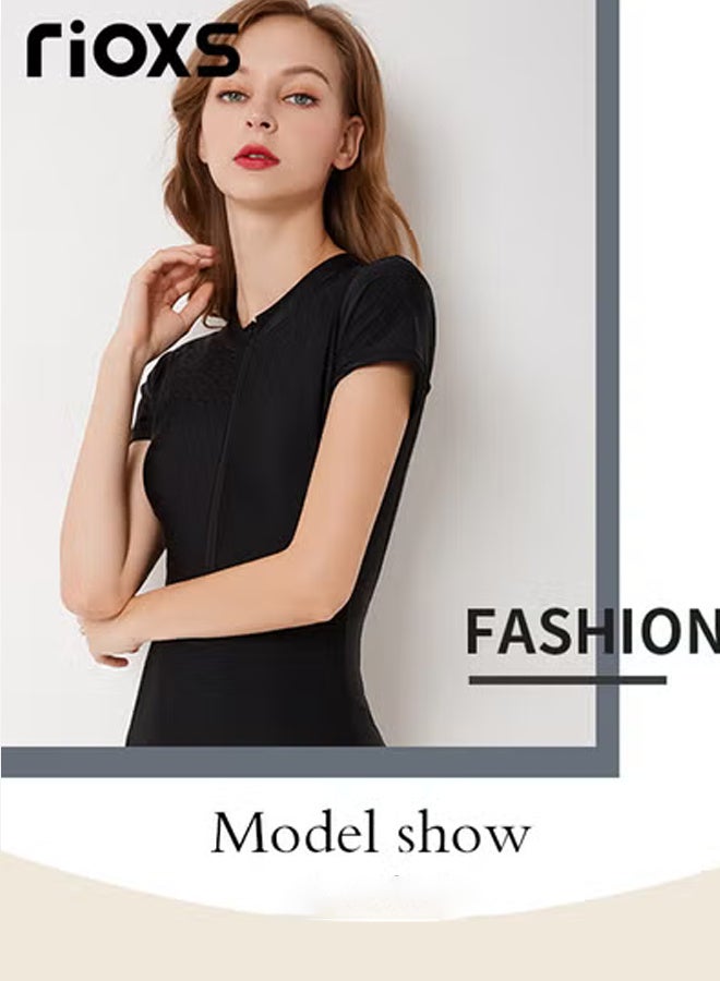 ريوكس ملابس سباحة نسائية من قطعة واحدة، ملابس سباحة محتشمة بغطاء رأس وقفل سحابي لحماية من الأشعة فوق البنفسجية، ملابس سباحة عصرية بأكمام قصيرة وسحاب أمامي مصنوعة من قماش عالي الكثافة وسريع الجفاف، ملابس سباحة مريحة ومطاطية بأكمام قصيرة مناسبة لركوب الأمواج والغوص والسباحة أو الأنشطة الشاطئية، لون أسود - Image 5