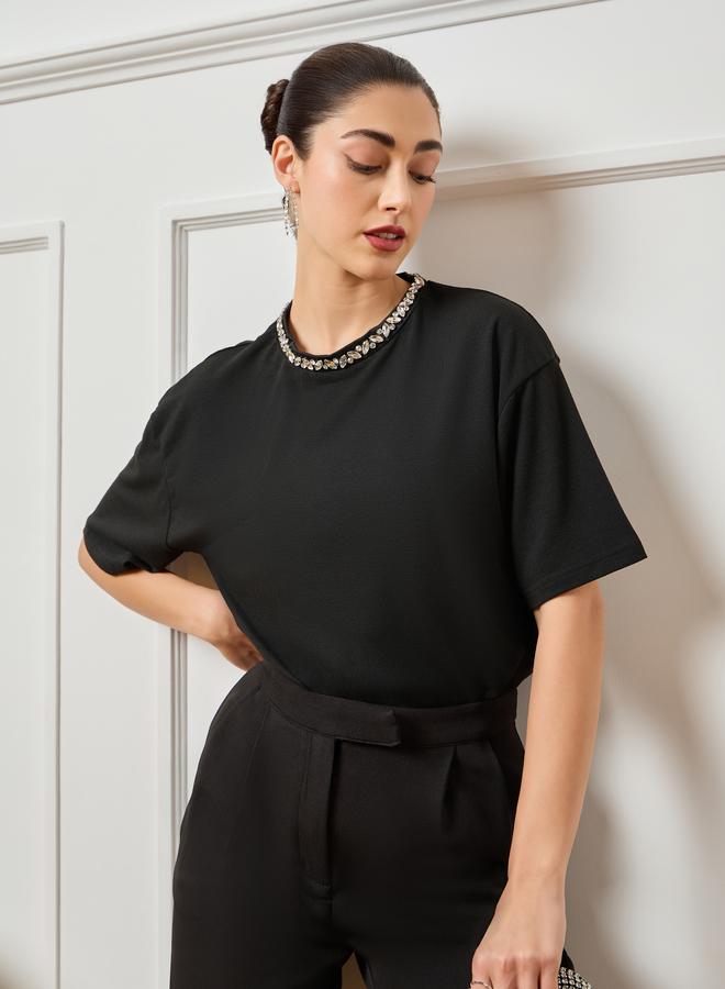Styli Women Black Embellished Oversized T-Shirt - Image 5