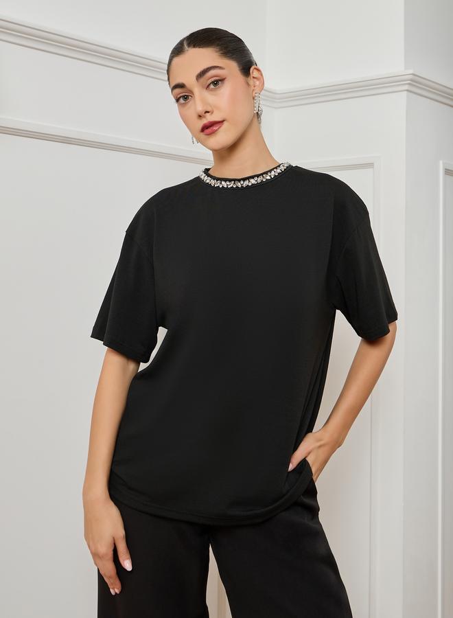 Styli Women Black Embellished Oversized T-Shirt - Image 1