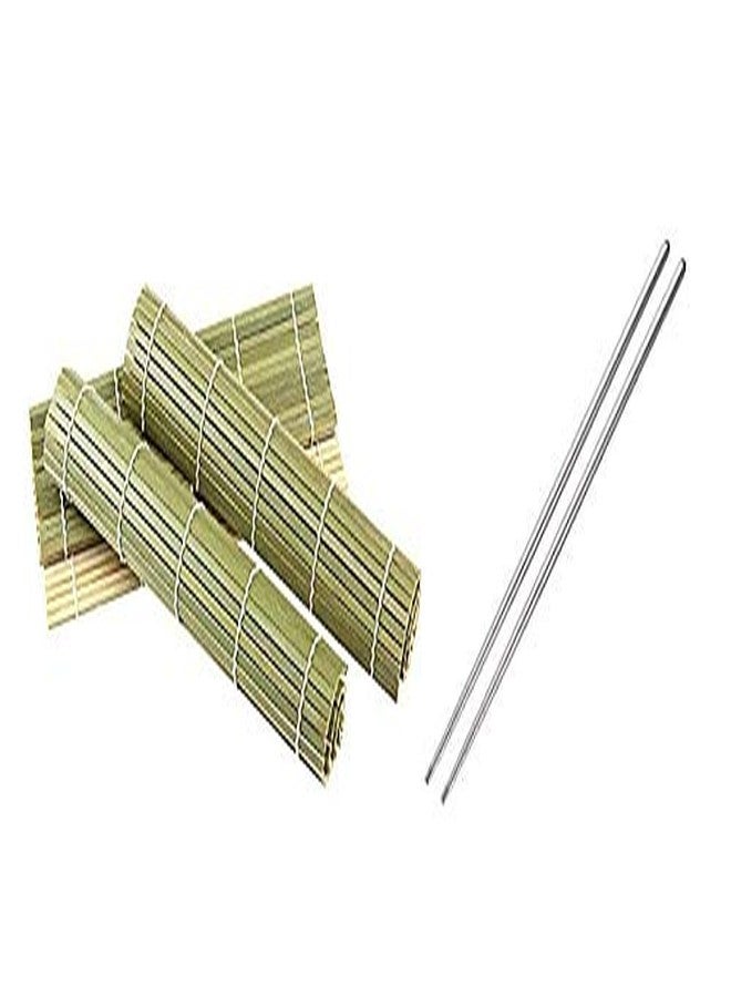 Craftacious Natural Bamboo Sushi Mat Cum Table Place Mat with Chopsticks (Sushi Mat with Steel Chopsticks, Pack of 1 Mat & 1 Pair Chopstics) - Image 1