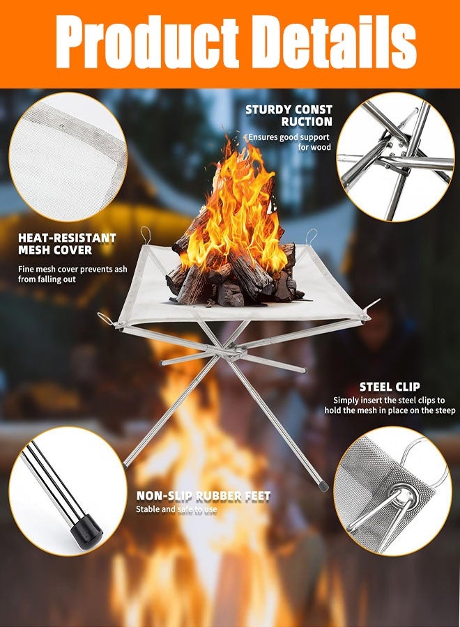 Portable Outdoor Fire Pit, 22 inch Foldable Stainless Steel Mesh Fire Pit Fireplace BBQ Fire Bowl for Patio Backyard Garden Camping Picnics Bonfire - with Heat Resistant Gloves & Carrying Bag - Image 2