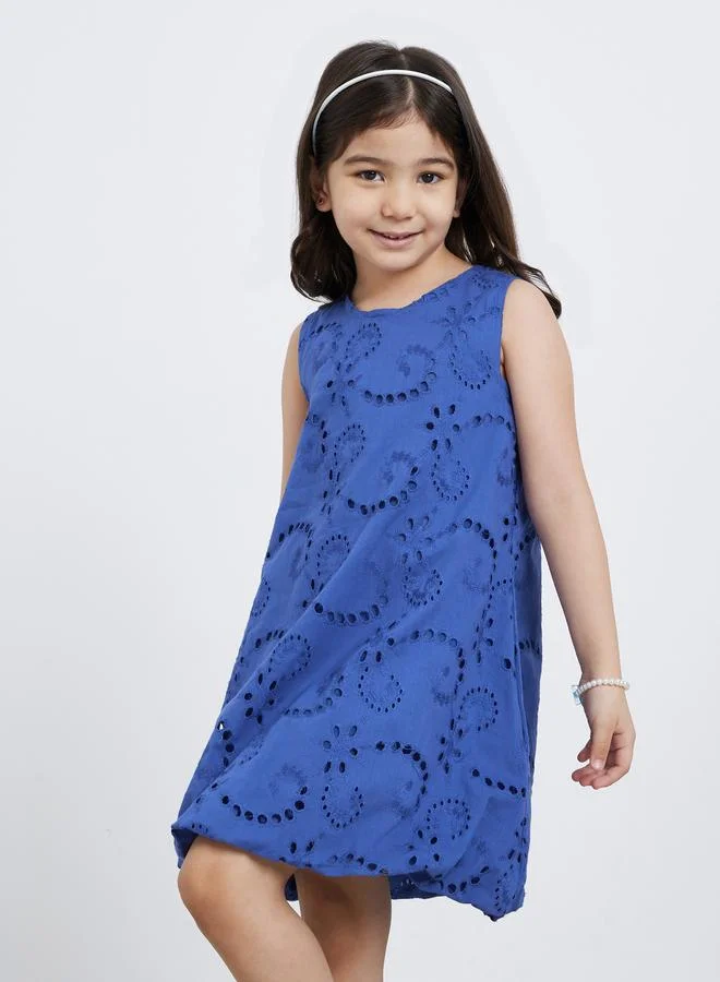 Styli Styli Girls Blue Schiffli Sleeveless Dress with Balloon Hem
