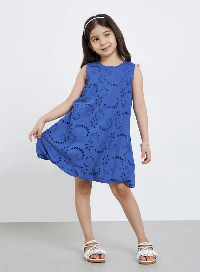 Styli Styli Girls Blue Schiffli Sleeveless Dress with Balloon Hem