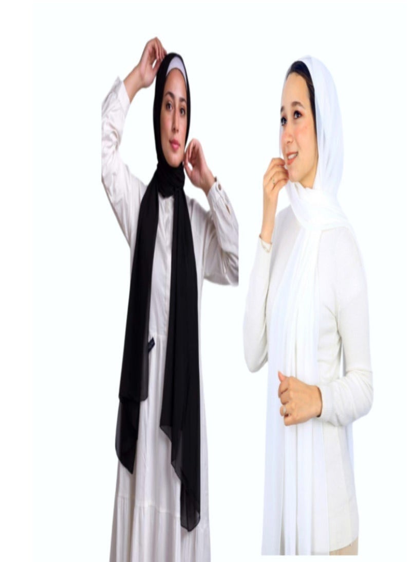 طقم طرح كريب شيفون نسائي – 2 قطعة (أبيض + أسود) – ناعمة وخفيفة للاستخدام اليومي - Image 2