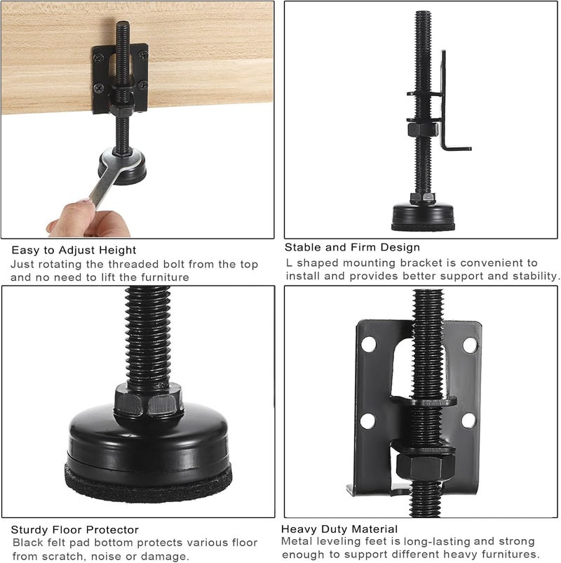 OwnMy 4 Packs Adjustable Furniture Leveling Feets L Shaped Furniture Levelers Legs, Heavy Duty Furniture Mounting Brackets Metal Furniture Leveling Feet for Workbench Cabinet Wardrobe, 4.7" H, Black - Image 4