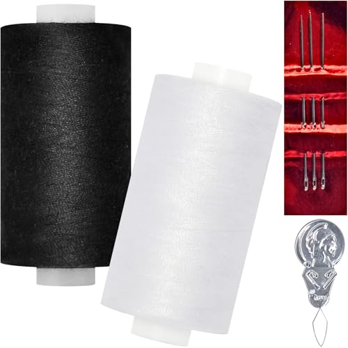 QCZKB All Purpose Sewing Thread2 Spools of Hand Polyester Sewing Thread with 3needles 1 Needle Threader for Sewing Machine for Hand and Machine SewingWhite and Black 2 spools - Image 1