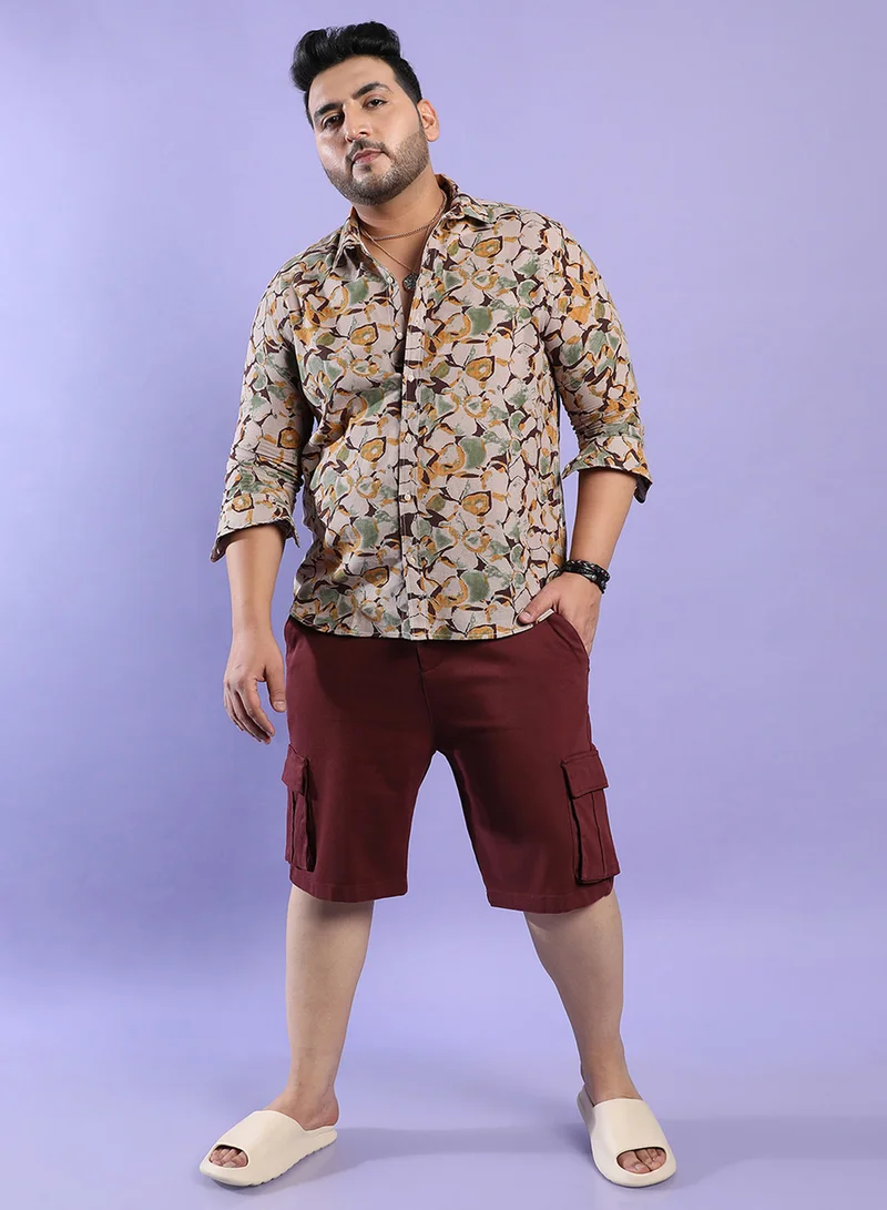 Instafab Plus Instafab Plus Men's Beige & Green Artistic Floral Cluster Shirt For Casual Wear | Spread Collar | Long Sleeve | Button Closure | Cotton Shirt Crafted With Comfort Fit For Everyday Wear