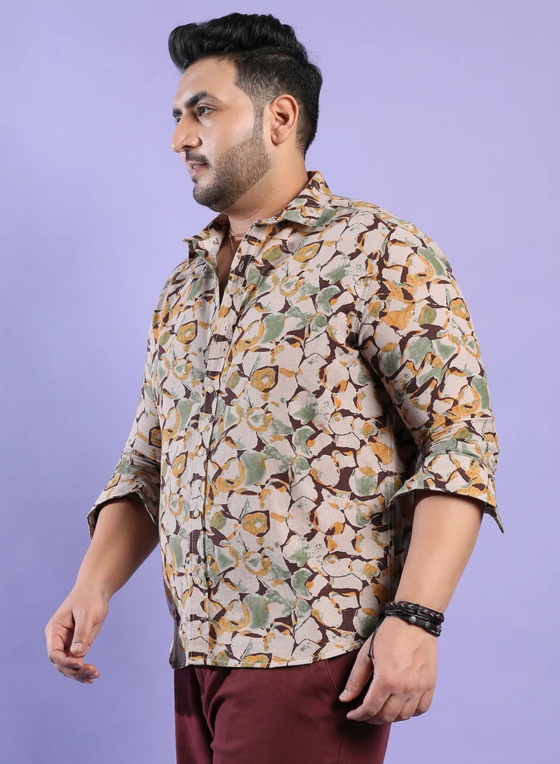 Instafab Plus Instafab Plus Men's Beige & Green Artistic Floral Cluster Shirt For Casual Wear | Spread Collar | Long Sleeve | Button Closure | Cotton Shirt Crafted With Comfort Fit For Everyday Wear