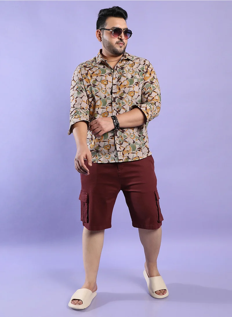 Instafab Plus Instafab Plus Men's Beige & Green Artistic Floral Cluster Shirt For Casual Wear | Spread Collar | Long Sleeve | Button Closure | Cotton Shirt Crafted With Comfort Fit For Everyday Wear