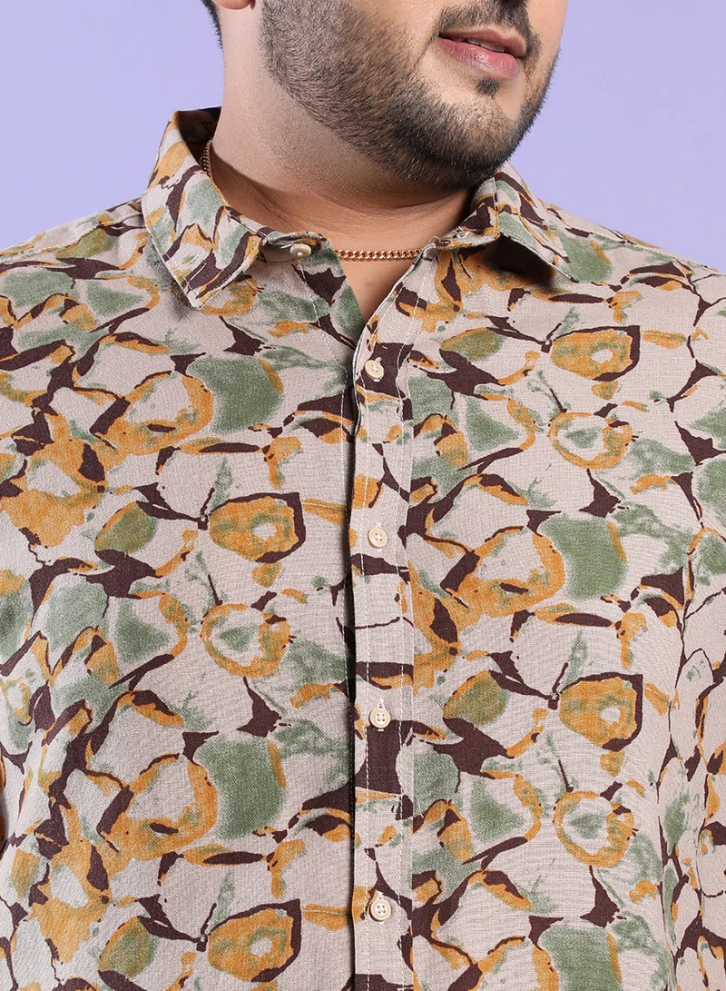 Instafab Plus Instafab Plus Men's Beige & Green Artistic Floral Cluster Shirt For Casual Wear | Spread Collar | Long Sleeve | Button Closure | Cotton Shirt Crafted With Comfort Fit For Everyday Wear