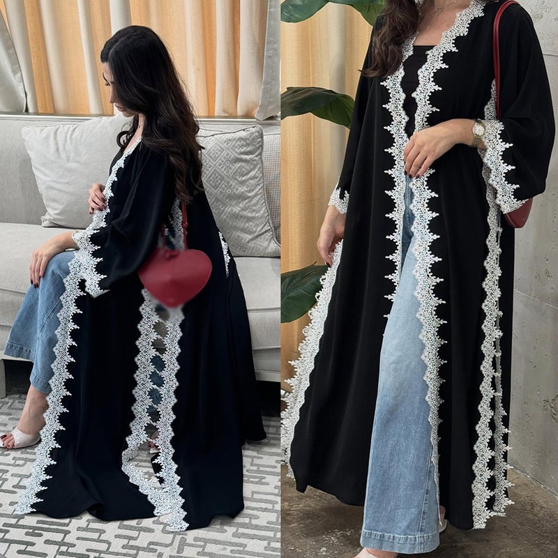 Black Lace Trim Cardigan Robe for Women - Image 1