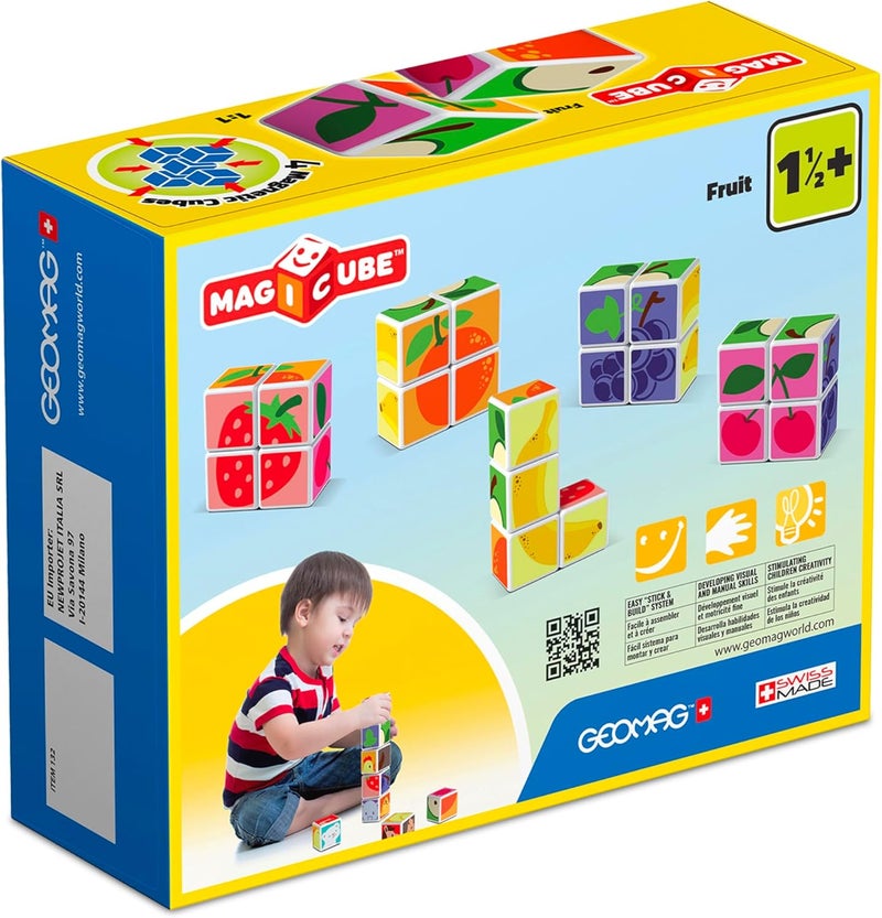 GEOMAG Magicube Printed Fruit Building Set + Idea Cards | STEM Educational Magnet Toys, Swiss-Made 100% Recycled Magnetic Toys, Open-Ended Construction Educatioal Toy, Ages 1yr+, 6 Cubes, 3 Cards - Image 2