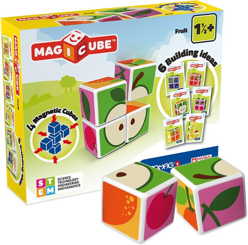 GEOMAG Magicube Printed Fruit Building Set + Idea Cards | STEM Educational Magnet Toys, Swiss-Made 100% Recycled Magnetic Toys, Open-Ended Construction Educatioal Toy, Ages 1yr+, 6 Cubes, 3 Cards - Image 1