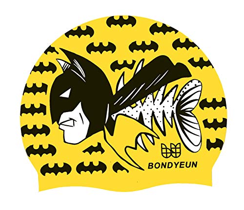 BONDYEUN BONDYUEN Swim Cap Fit Kids Boys Girls Men Women with Short or Medium Hair Fun Cute Design Patterns Silicone Swimming Caps (Yellow/bat) - Image 1