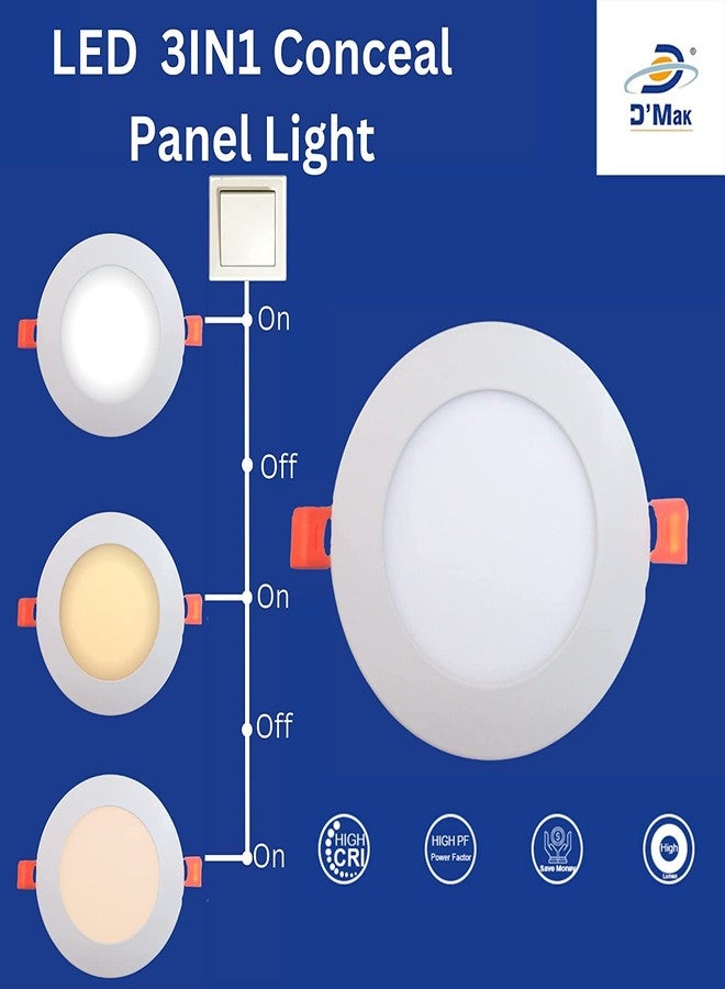 D'Mak 8 Watts Round 3 in 1 LED Conceal Panel Light for POP & False Ceiling - White, Warm White, Natural White (Pack of 2) - Image 5
