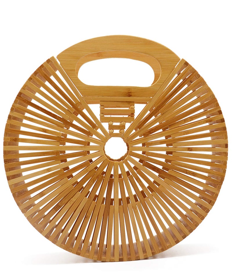 Miuco Women Bamboo Top-Handle Handbags Round Straw Beach Tote Bag Small - Image 1