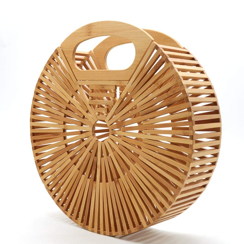 Miuco Women Bamboo Top-Handle Handbags Round Straw Beach Tote Bag Small - Image 2