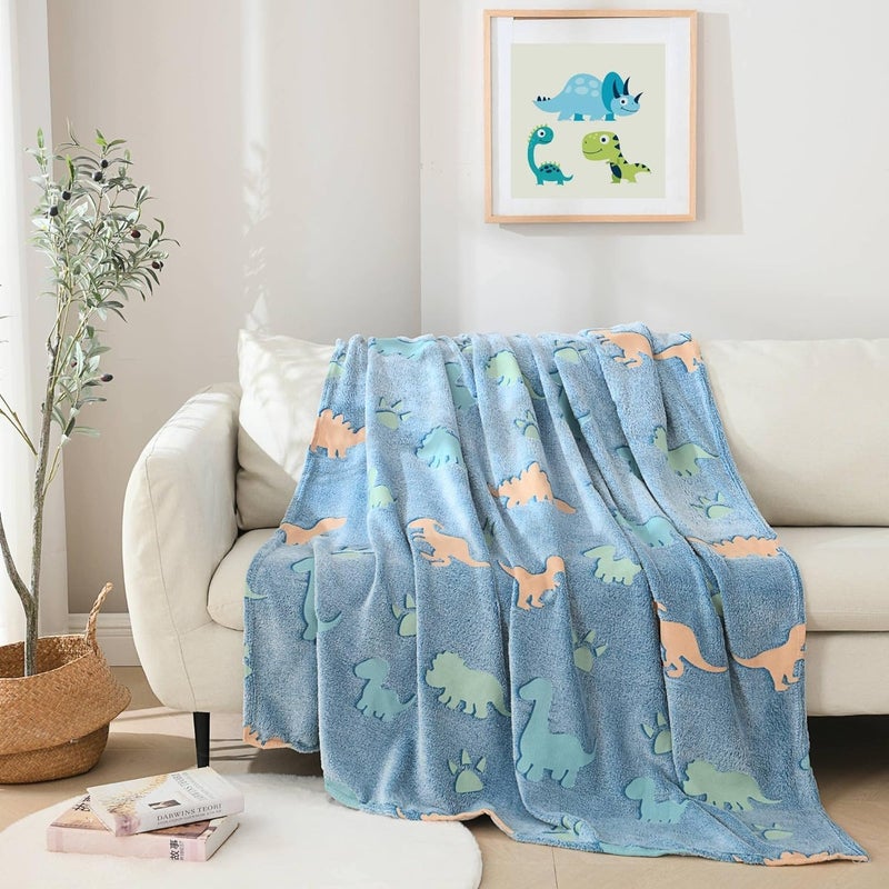 KTrading The Dark Blanket Cartoon Print Blankets for Kids Light Weight Soft Cozy All Weather Blanket Bedroom Decor Pack of 1 Dinosaur Blue - Image 4