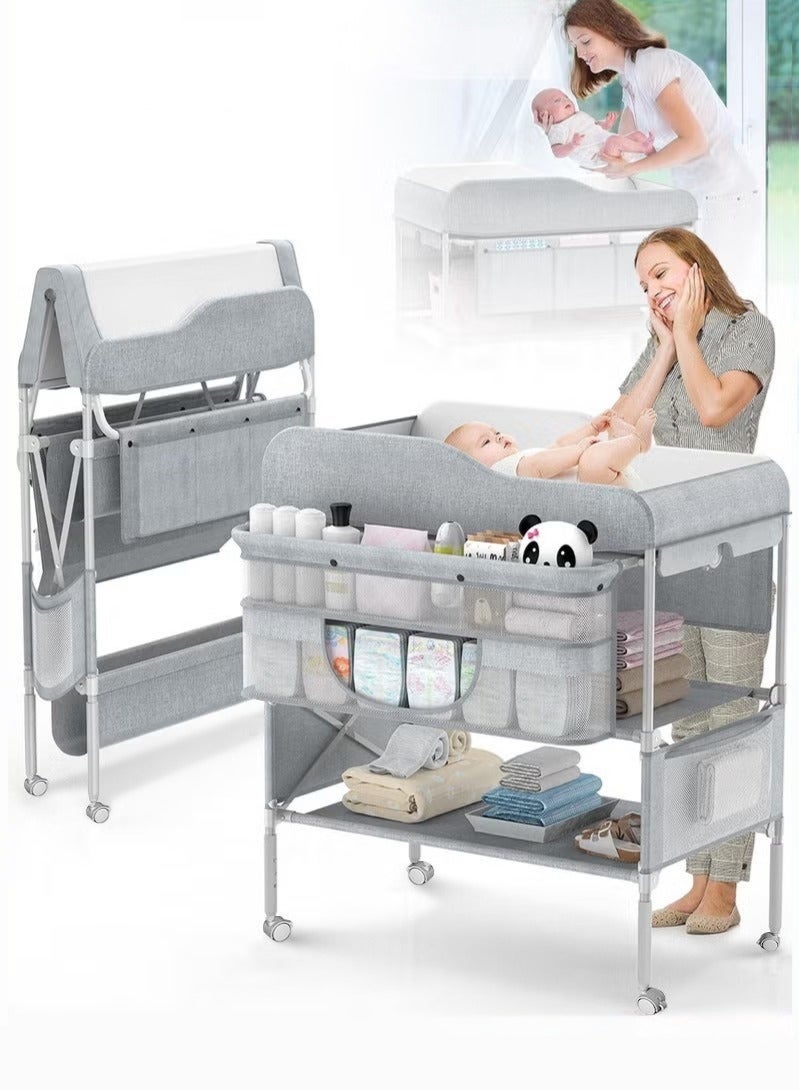 WALALLA Baby Diaper Changing Table, Foldable Infant Diaper Station with Wheels, Nursery Organizer for Newborns, Babies Dresser Changing Table with Storage Rack, Strengthen Structure and 3 Adjustable Height - Image 1