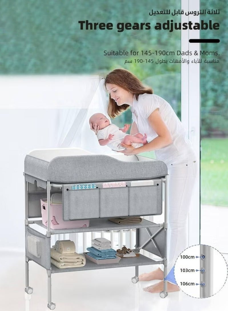 WALALLA Baby Diaper Changing Table, Foldable Infant Diaper Station with Wheels, Nursery Organizer for Newborns, Babies Dresser Changing Table with Storage Rack, Strengthen Structure and 3 Adjustable Height - Image 4
