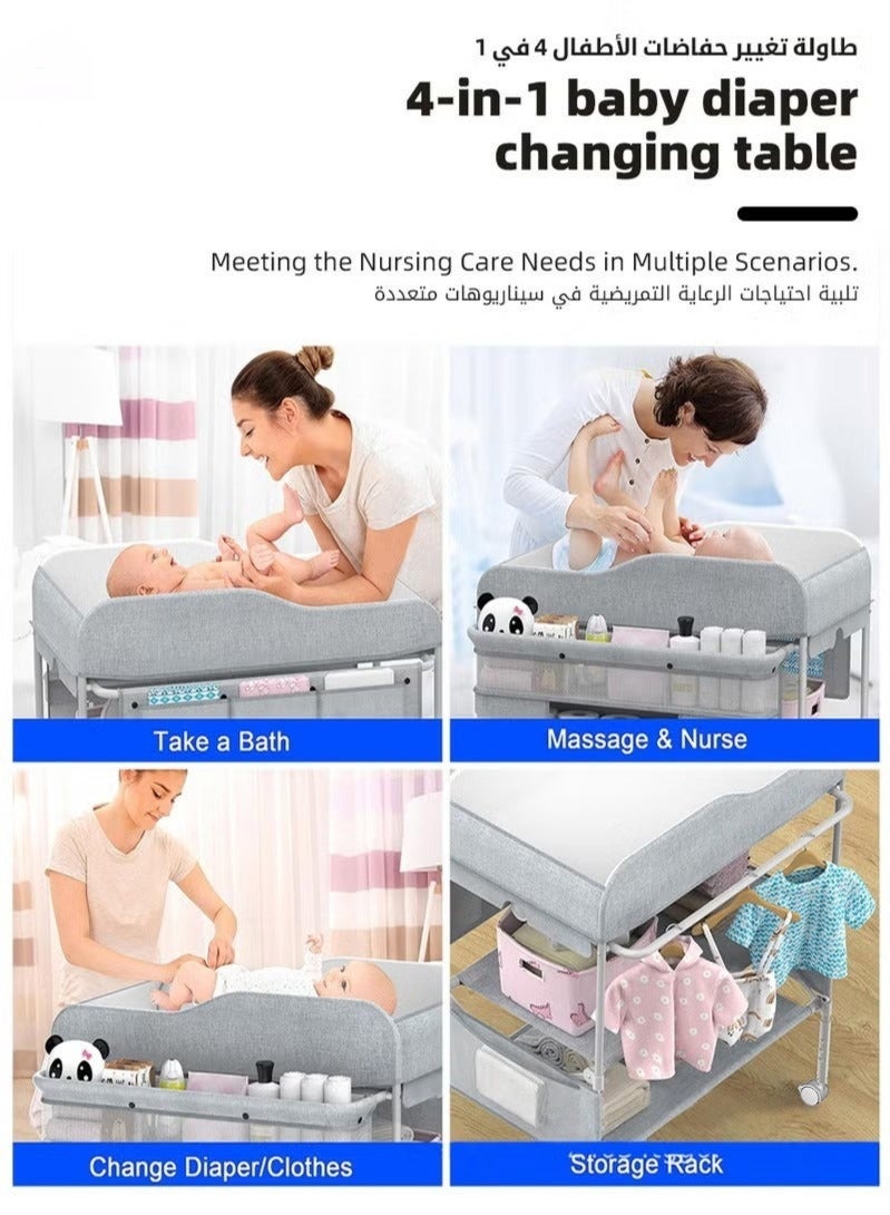 WALALLA Baby Diaper Changing Table, Foldable Infant Diaper Station with Wheels, Nursery Organizer for Newborns, Babies Dresser Changing Table with Storage Rack, Strengthen Structure and 3 Adjustable Height - Image 3
