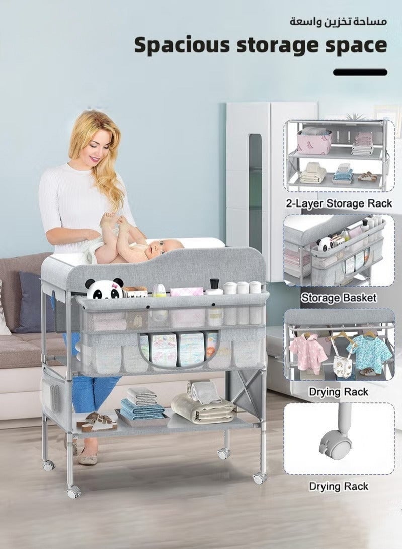 WALALLA Baby Diaper Changing Table, Foldable Infant Diaper Station with Wheels, Nursery Organizer for Newborns, Babies Dresser Changing Table with Storage Rack, Strengthen Structure and 3 Adjustable Height - Image 3