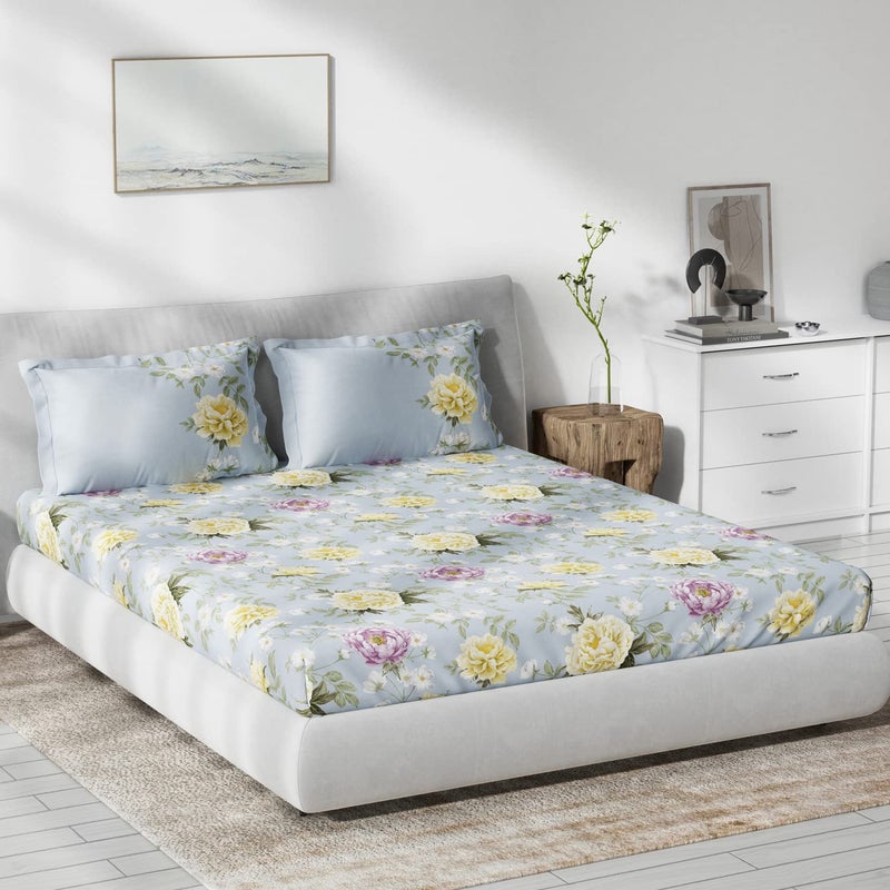 DDECOR Live beautiful DDECOR Orchid Hush Floral 136TC Double Bed Sheet Set with Two Pillow Covers Blue 