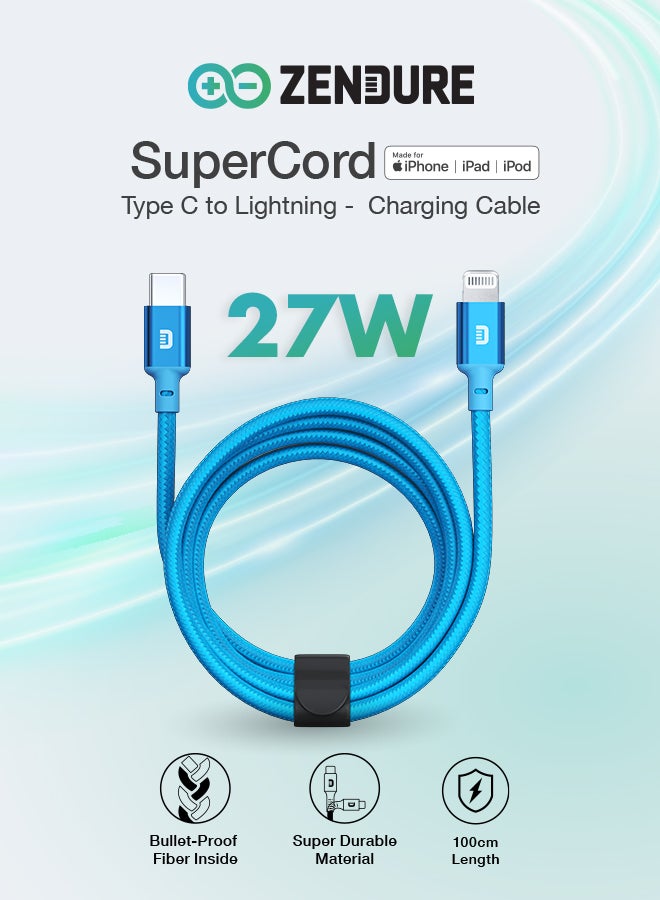 ZENDURE iPhone Charger Cable SuperCord | 27W Type-C to Lightning Cable | 1 Meter | Ultra-Durable Nylon Braided Cable | 50,000+ Bend Lifespan | With Cable Strap | Fast Charging for iPhone & iPad Blue - Image 1