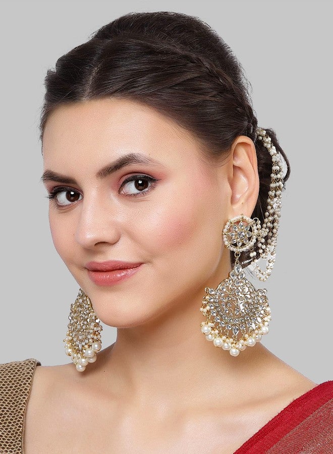 Karatcart Gold Plated Pearl Beaded Kundan Kaanchain Earrings for Women - Image 2