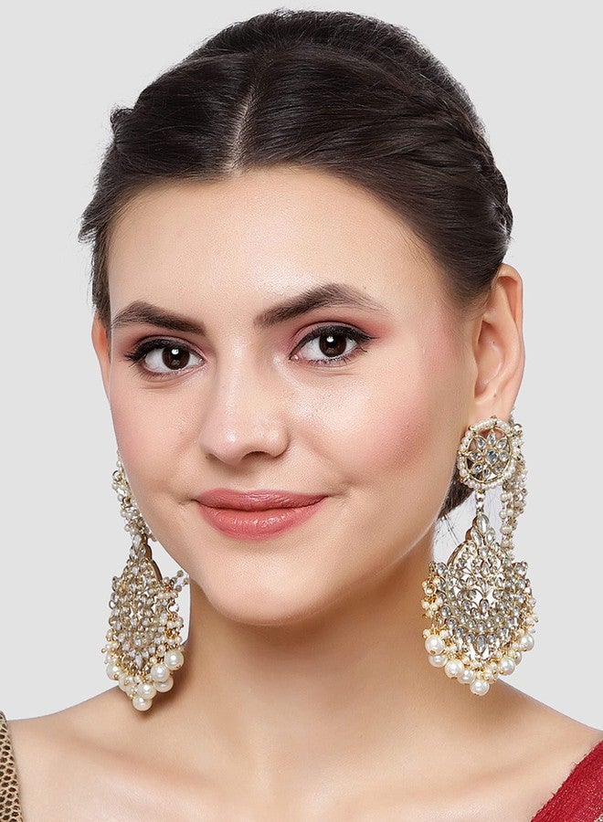 Karatcart Gold Plated Pearl Beaded Kundan Kaanchain Earrings for Women - Image 3