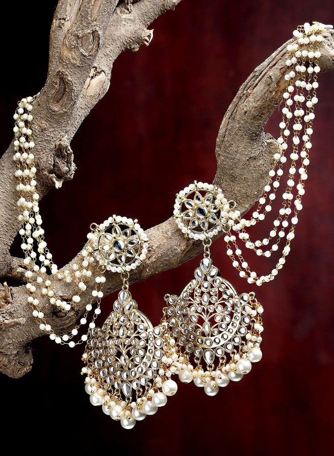 Karatcart Gold Plated Pearl Beaded Kundan Kaanchain Earrings for Women - Image 4