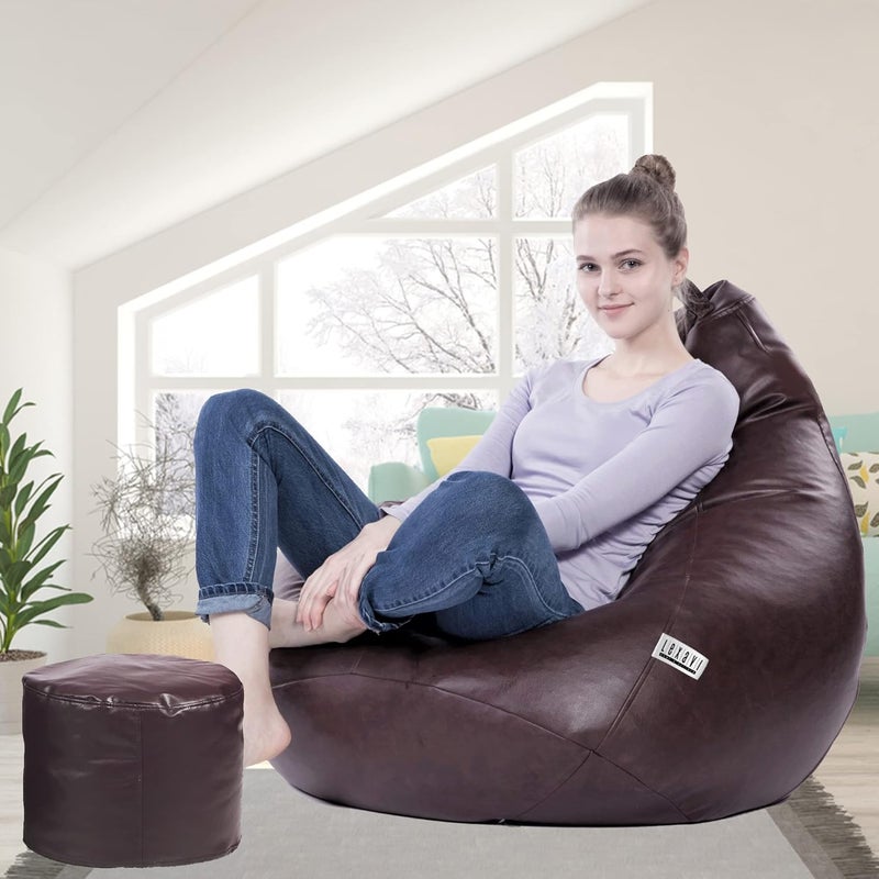 LEXAVIFaux Leather XXXL Combo Beanbag with Footstool prefilled with High Density Original Quality Beans Brown