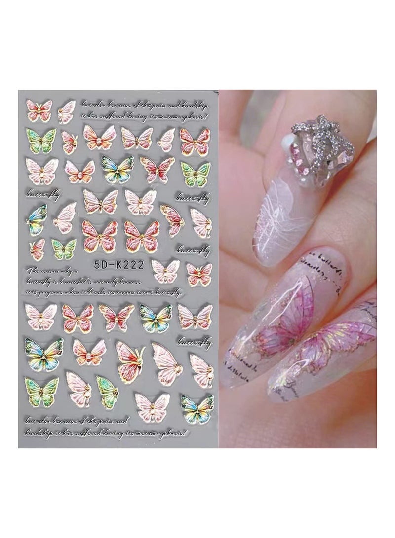 Excefore ملصقات فنية للأظافر على شكل زهرة، 4 قطع من ملصقات الأظافر المنقوشة 5D لوازم إكسسوارات الأظافر على شكل فراشة ملونة ثلاثية الأبعاد ذاتية اللصق لتزيين الأظافر للنساء لتصميم الأظافر - Image 2