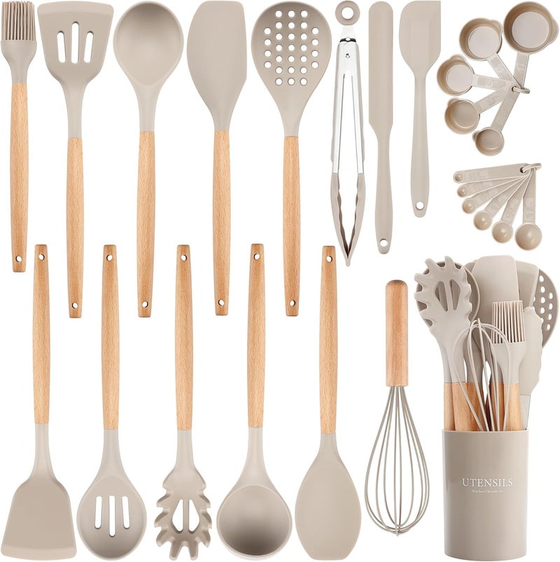 NCUE 26 Pcs Silicone Cooking Utensils Set with Holder, BPA Free Kitchen Utensils Set for Cooking, 446°F Spatulas Silicone Heat Resistant Wooden Handle Spoon Tongs Non-stick Kitchen Gadgets (Khaki) - Image 1