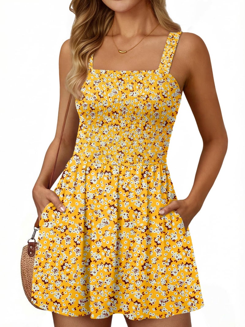 LILLUSORY Womens Summer Dress Beach Vacation Short Sundress Spring Sleeveless Mini Dresses 2026 Casual Outfits Cute Clothes with Pockets Square Neck Resort Wear Clothing Floral Yellow M - Image 1