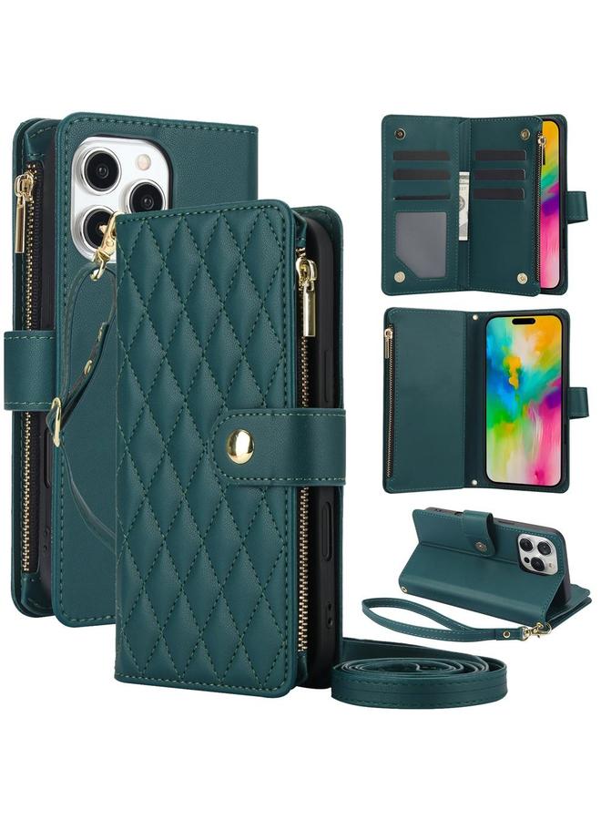 اس-توب جراب هاتف iPhone 16 Pro YM016 محفظة بطاقات جلدية بسحاب معيني مع حبل - Image 1