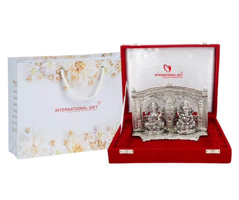 INTERNATIONAL GIFT® Silver Plated Laxmi Ganesh Murti with Velvet Box Packing (16 Cm, Silver) - Image 1