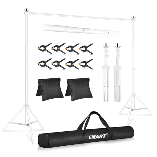 EMART Backdrop Stand 10x7ftWxH Photo Studio Adjustable Background Stand Support kit with 2 Crossbars 8 Clamps 2 Sandbags and Carry Bag for Parties Events Decoration Wedding Photography White - Image 1