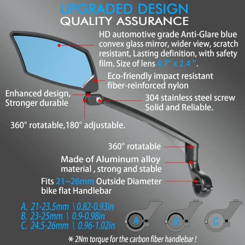 BriskMore Handlebar Bike Mirror, Anti-Glare Blue Convex Glass Lens for Flat Handlebars, Scratch Resistant, Ajustable And Rotatable Safe Rearview Bicycle Mirror Only for Left Side BT-016LB - Image 3