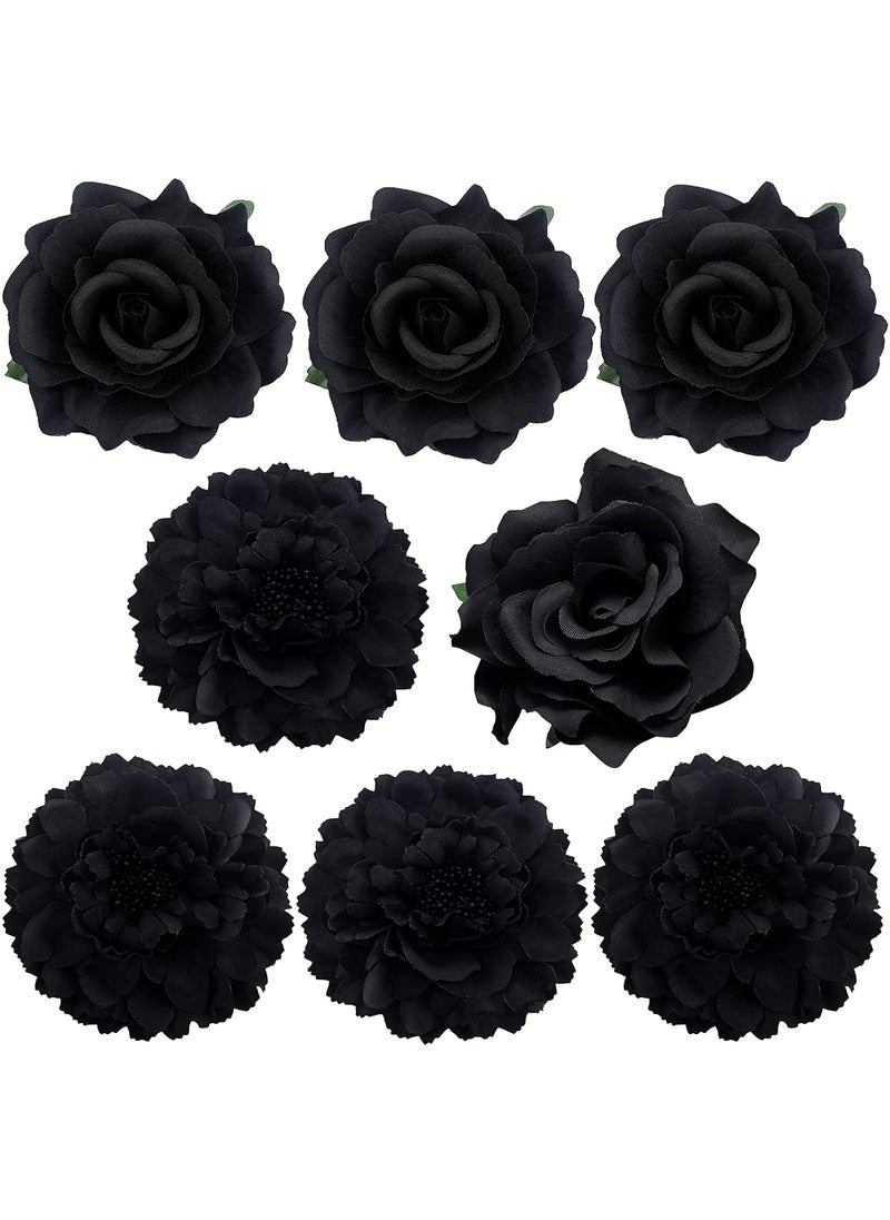 BETITETO Large Floral Hair Accessory Set  Includes 4 Peony and 4 Rose Barrette Hair Clips for Flamenco Dance Beach Party Wedding Black 