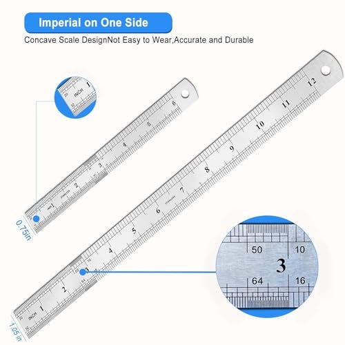 Yipinve 3 Pack Metal Ruler, Double-Sided Scale【6,8,12inch/15,20,30cm】 Steel Ruler Set for Architects, Home,School， Office, and Craft - Image 3