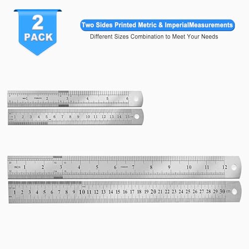 Yipinve 3 Pack Metal Ruler, Double-Sided Scale【6,8,12inch/15,20,30cm】 Steel Ruler Set for Architects, Home,School， Office, and Craft - Image 2