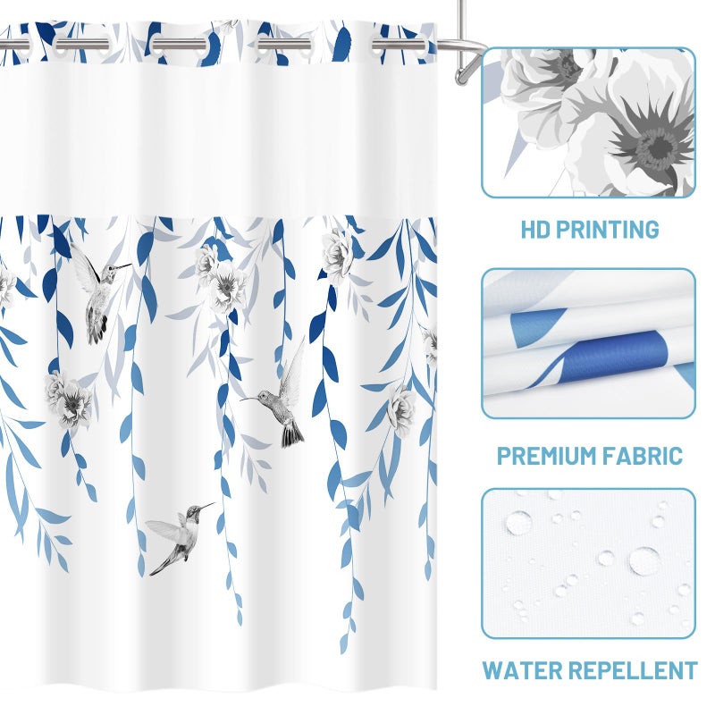 WITHLOC No Hook Shower Curtain with Snap in Liner - Fabric Waterproof Inner Liner, Plants Blue Floral Grey Nature Birds Cloth Shower Curtains Washable, 71 x 74 Inch - Image 4