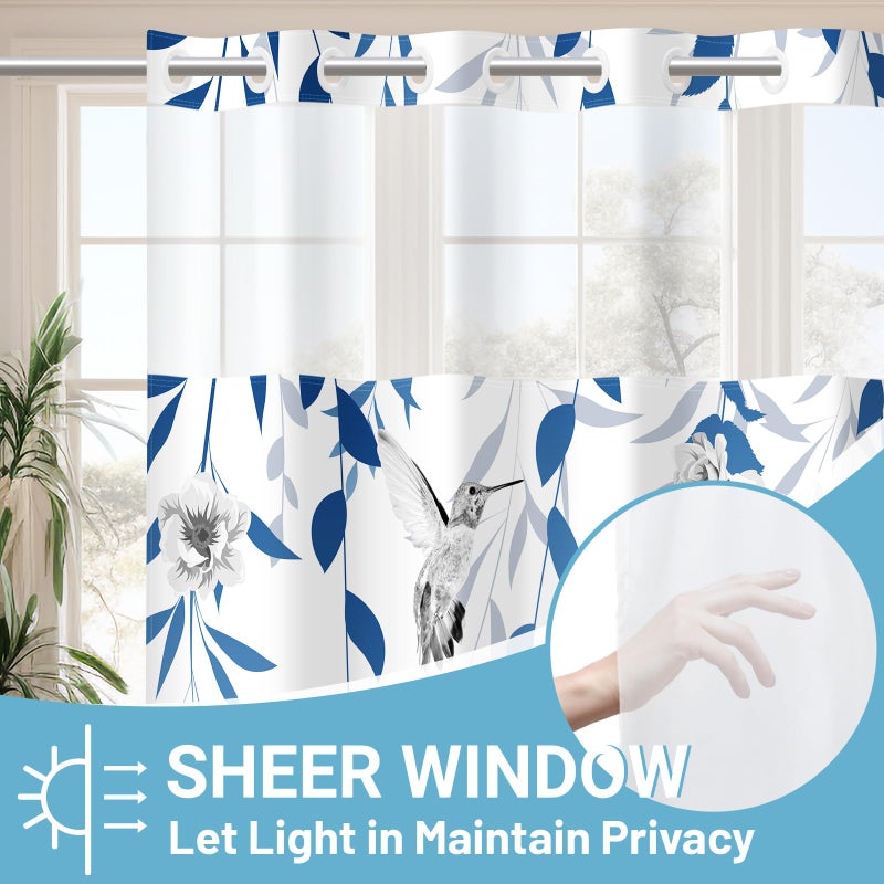 WITHLOC No Hook Shower Curtain with Snap in Liner - Fabric Waterproof Inner Liner, Plants Blue Floral Grey Nature Birds Cloth Shower Curtains Washable, 71 x 74 Inch - Image 2