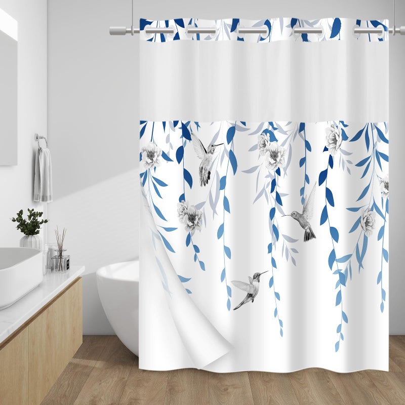 WITHLOC No Hook Shower Curtain with Snap in Liner - Fabric Waterproof Inner Liner, Plants Blue Floral Grey Nature Birds Cloth Shower Curtains Washable, 71 x 74 Inch - Image 1