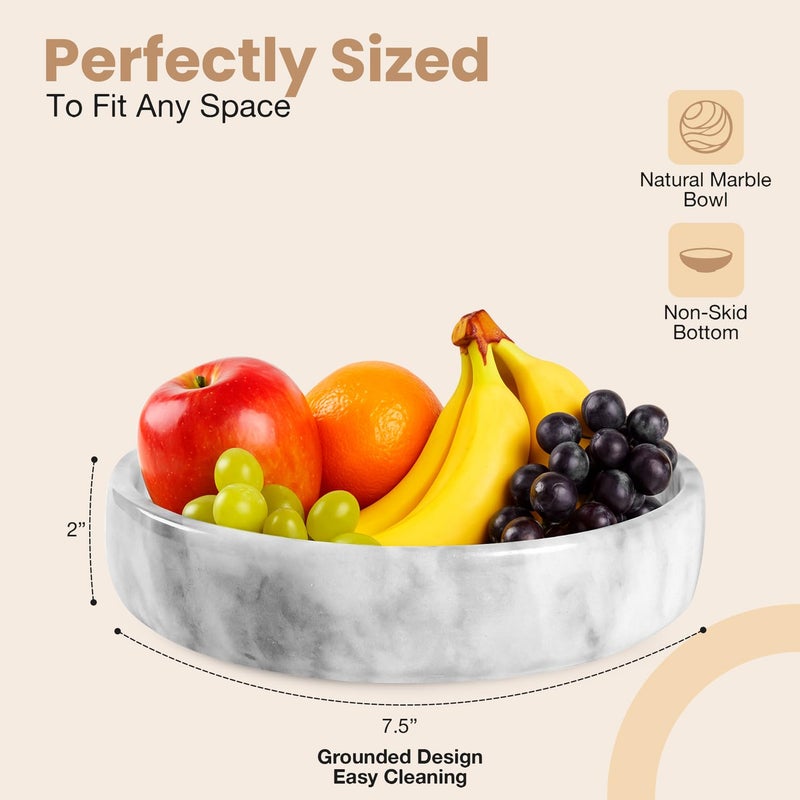 FNTSTICGOODS Marble Decorative Bowl - 7.5" White/Grey Solid Marble Centerpiece - Handmade Stone Fruit Bowl - Catch-All or Key Bowl for Kitchen - Modern Minimalist Decor - Image 2