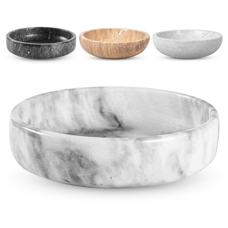 FNTSTICGOODS Marble Decorative Bowl - 7.5" White/Grey Solid Marble Centerpiece - Handmade Stone Fruit Bowl - Catch-All or Key Bowl for Kitchen - Modern Minimalist Decor - Image 1