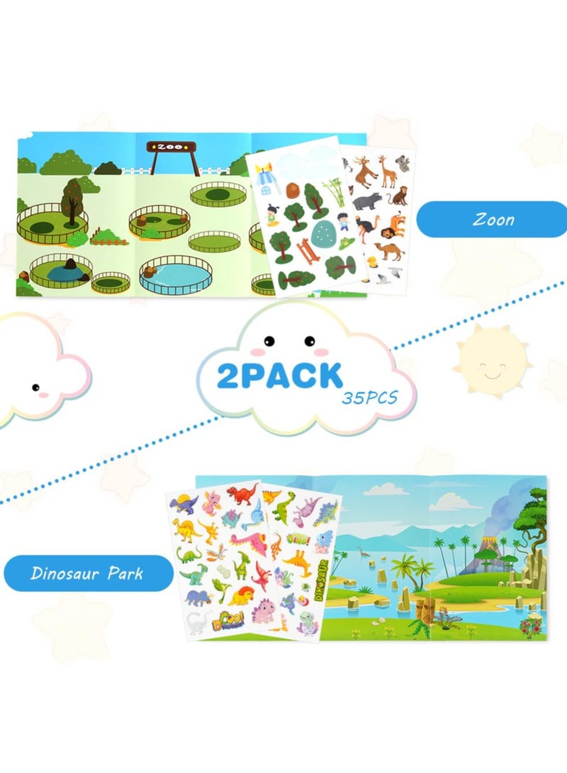 SYOSI كتب ملصقات، 2 قطع كتاب ملصقات قابلة لإعادة الاستخدام ألعاب تعليمية للأطفال من 2 إلى 6 سنوات، كتب ملصقات حديقة الحيوان والديناصورات لألعاب الأطفال التعليمية - Image 2