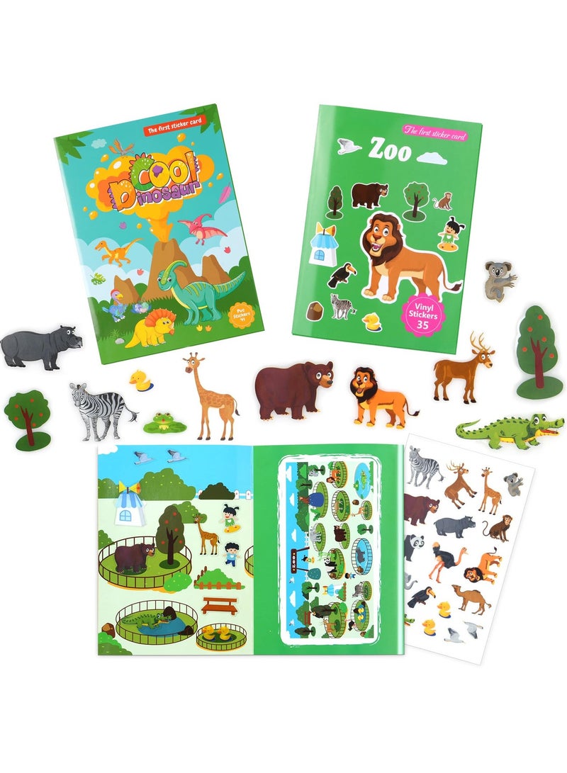SYOSI كتب ملصقات، 2 قطع كتاب ملصقات قابلة لإعادة الاستخدام ألعاب تعليمية للأطفال من 2 إلى 6 سنوات، كتب ملصقات حديقة الحيوان والديناصورات لألعاب الأطفال التعليمية - Image 1